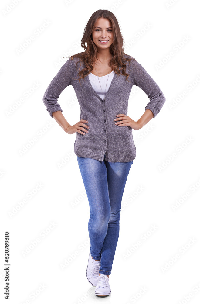 Portrait, fashion and confidence of woman, smile and isolated on a transparent png background. Pose,