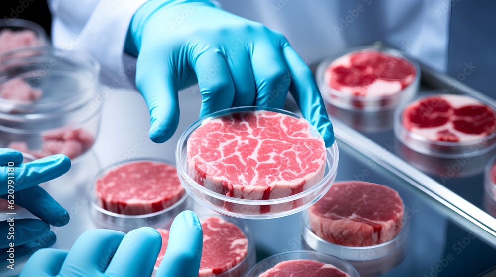 Cultured meat concept, a laboratory setting presents a petri dish nurturing lab-grown meat, promisin