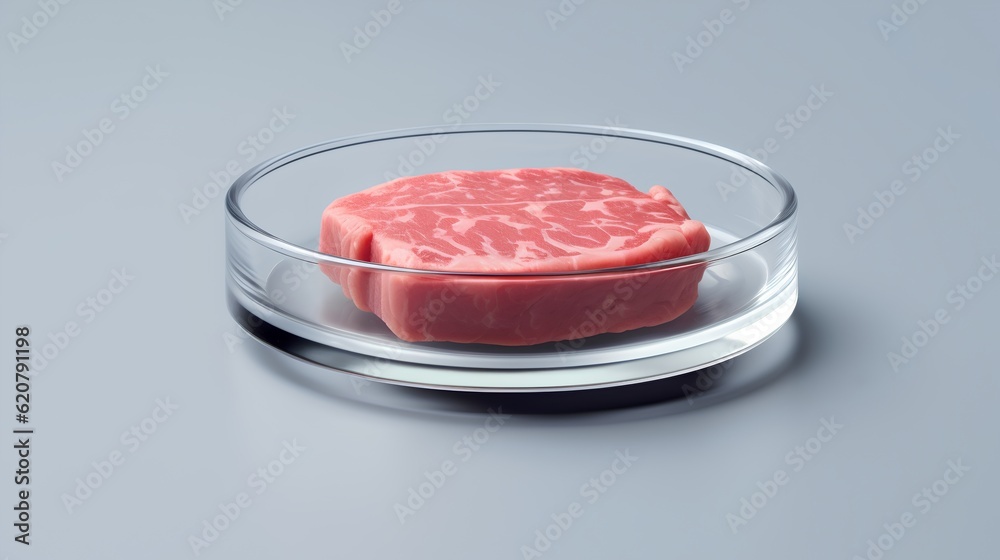 Cultured meat concept, a laboratory setting presents a petri dish nurturing lab-grown meat, promisin