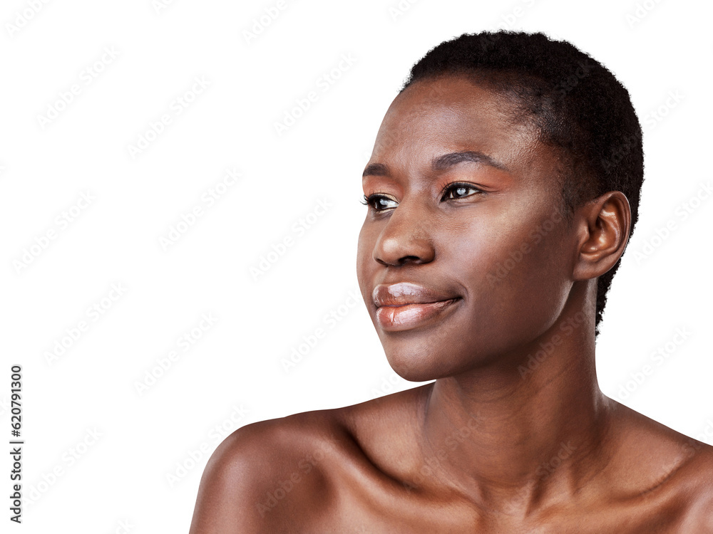 Natural, thinking and black woman with cosmetics, face and luxury isolated on a transparent backgrou