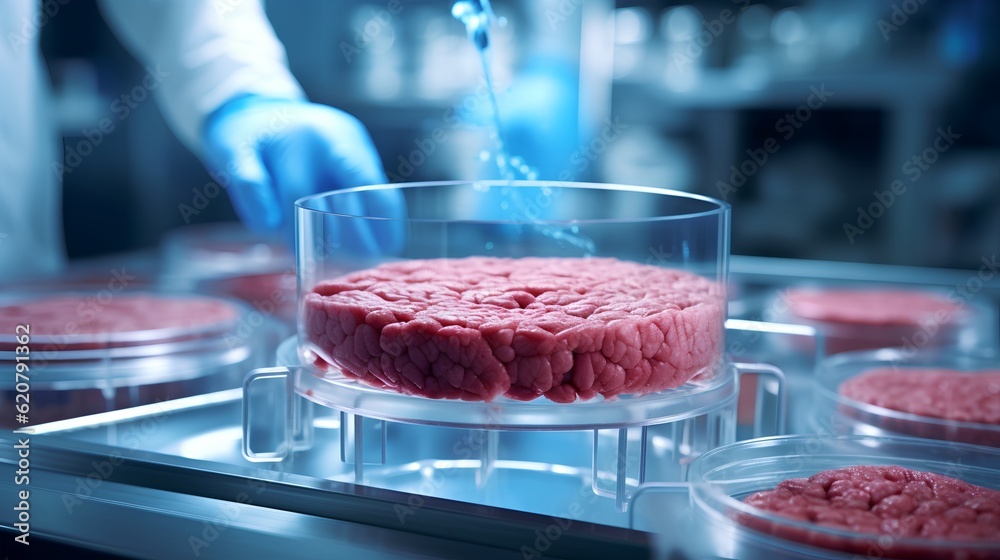 Cultured meat concept, a laboratory setting presents a petri dish nurturing lab-grown meat, promisin