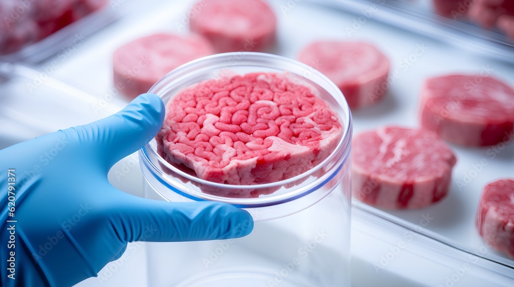 Cultured meat concept, a laboratory setting presents a petri dish nurturing lab-grown meat, promisin