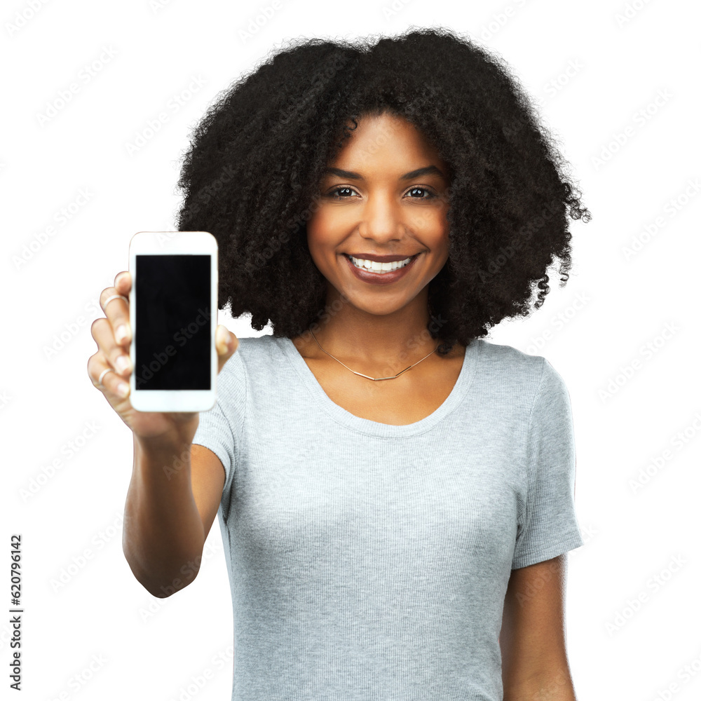 Phone, portrait and smile with a black woman isolated on a transparent background showing an empty d