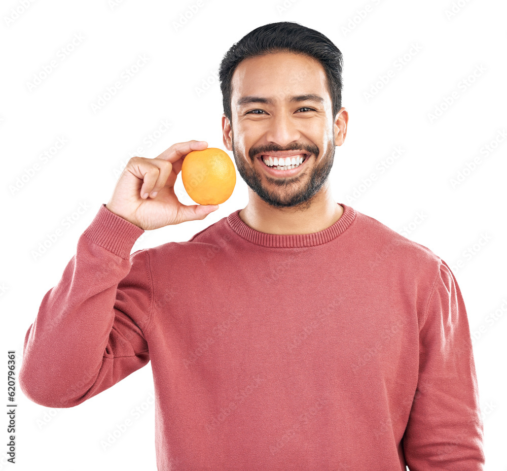 Orange fruit, happy asian man and portrait of wellness, healthy food and isolated on a transparent p