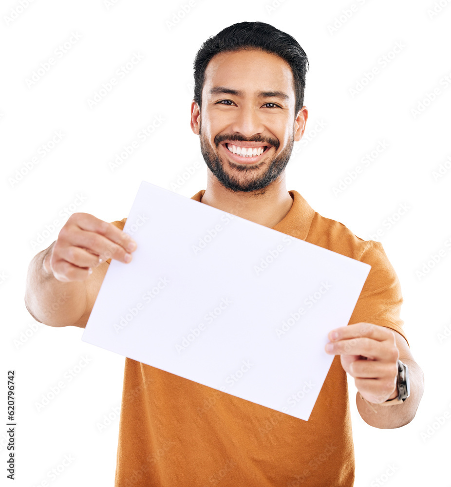 Billboard, happy and advertising with asian man in portrait in png or isolated and transparent backg