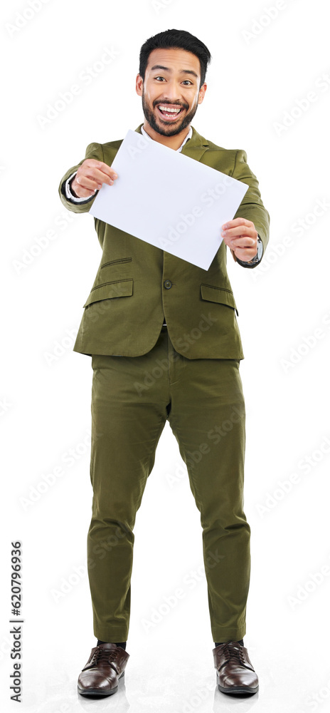 Businessman, portrait and billboard for advertising, sign or card isolated on a transparent PNG back