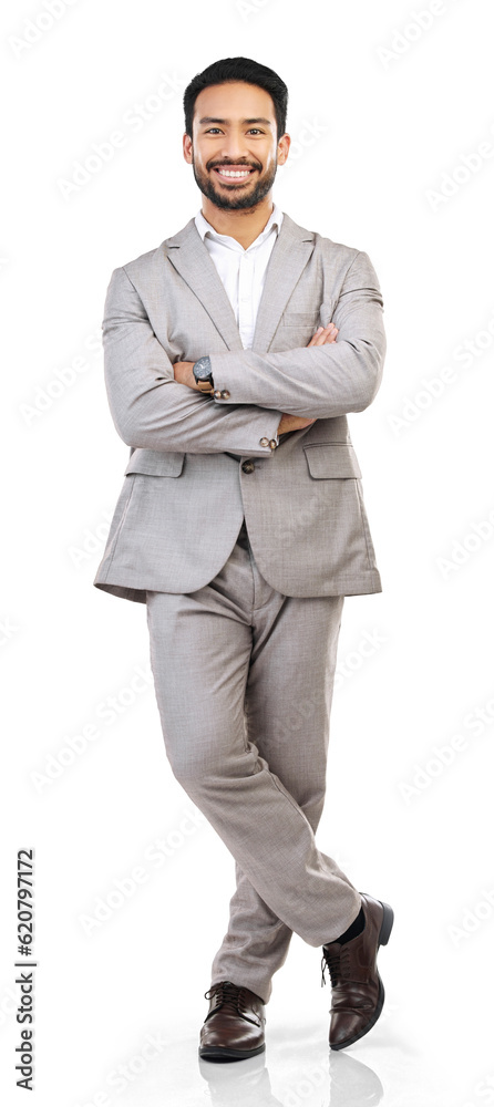 Portrait, professional and a business man with arms crossed isolated on a transparent, png backgroun