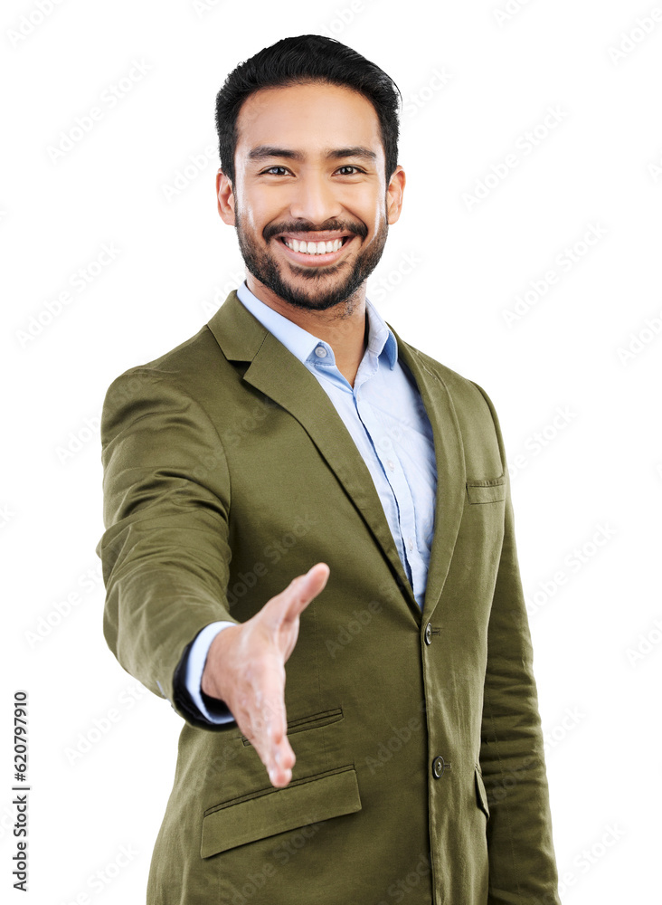 Happy businessman, portrait and handshake in deal or agreement isolated on a transparent PNG backgro