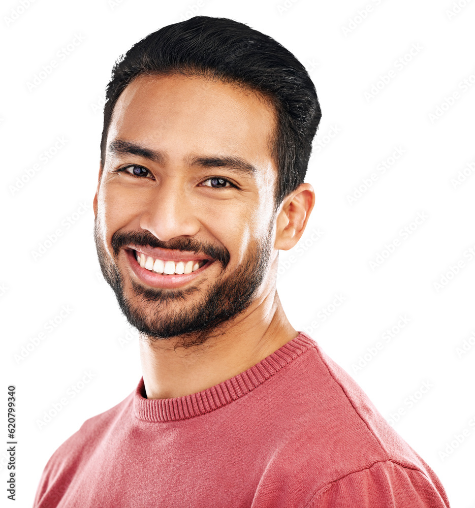 Happy, man in portrait with smile, headshot and pride isolated on transparent png background. Attrac