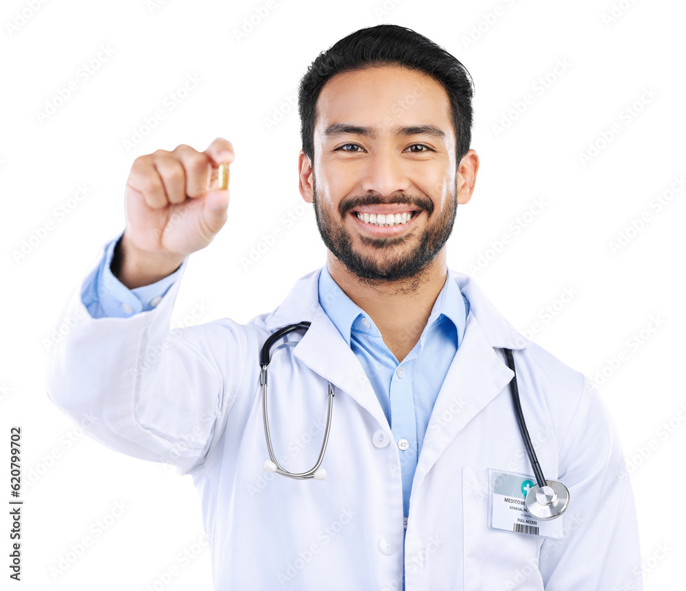 Pills, medicine and doctor with portrait of man on png for healthcare, supplements and treatment. Ha