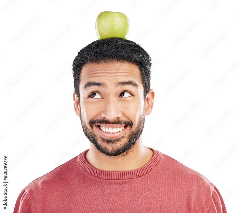 Nutrition, balance and asian man with apple for healthy diet in png or isolated and transparent back