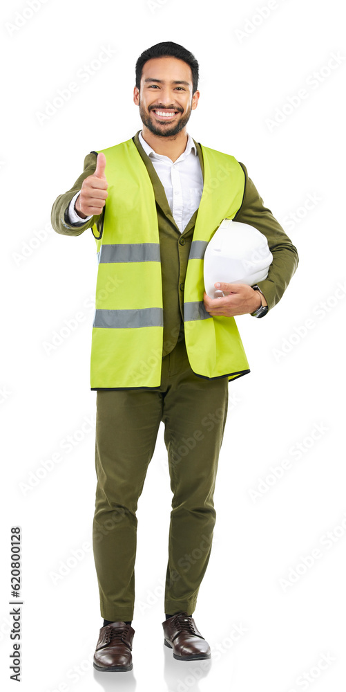 Portrait, Asian man or architect with thumb up or success isolated on transparent png background. Go