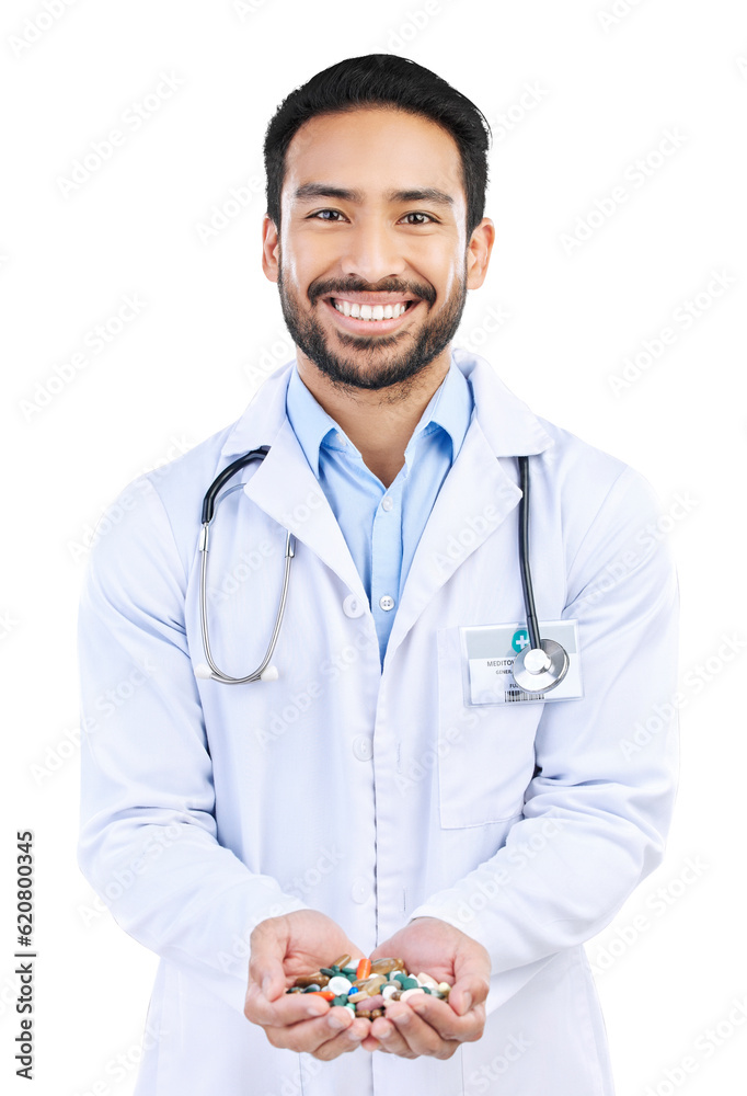 Doctor, pills and portrait of man with medicine on isolated, png and transparent background. Healthc