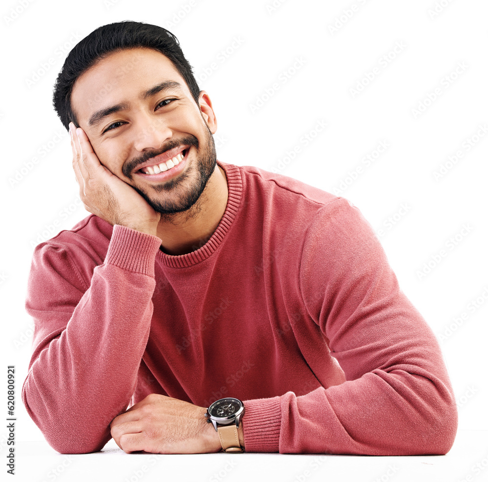 Happy, man and portrait, relax with smile and attractive with positive mindset isolated on transpare