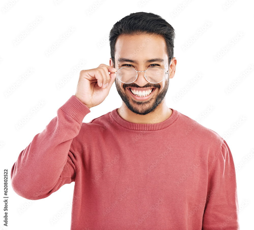 Happy, asian man and portrait with glasses or eye care in png or isolated and transparent background