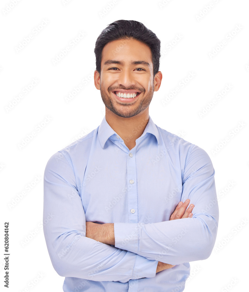 Portrait, smile and businessman with arms crossed with confidence in business on isolated, transpare