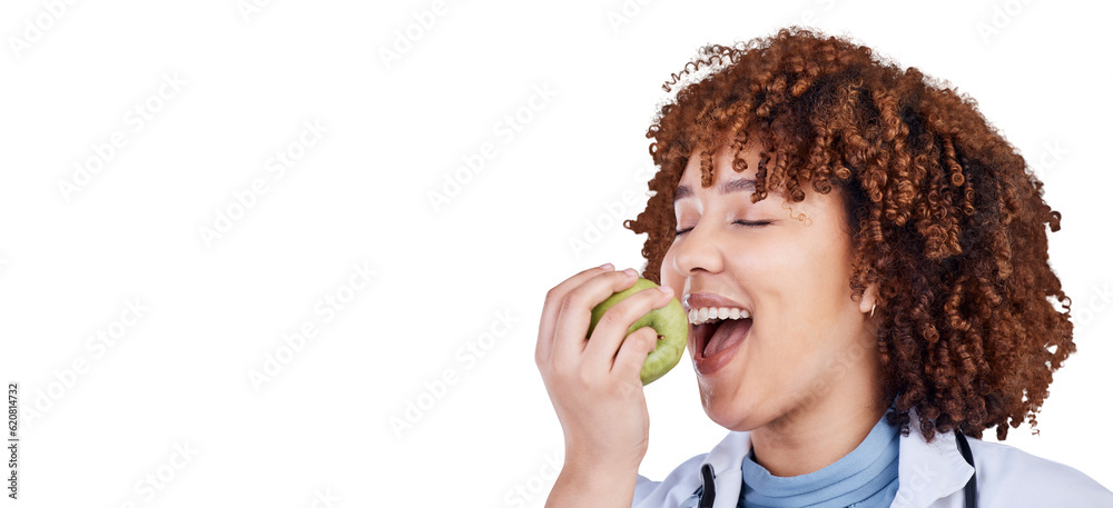 Medical doctor, apple and a woman eating healthy isolated on a transparent, png background. Healthca