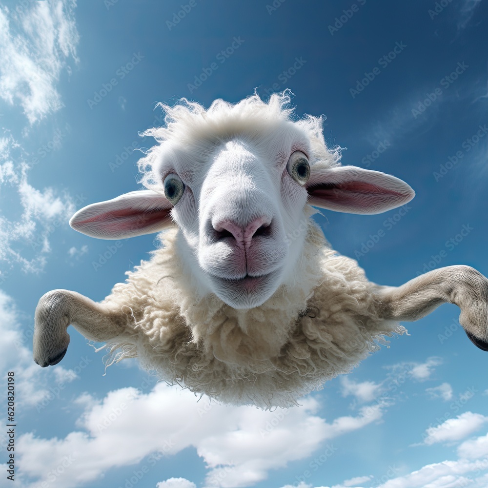 A Sheep, Flying sheep on blue sky background. Generative AI