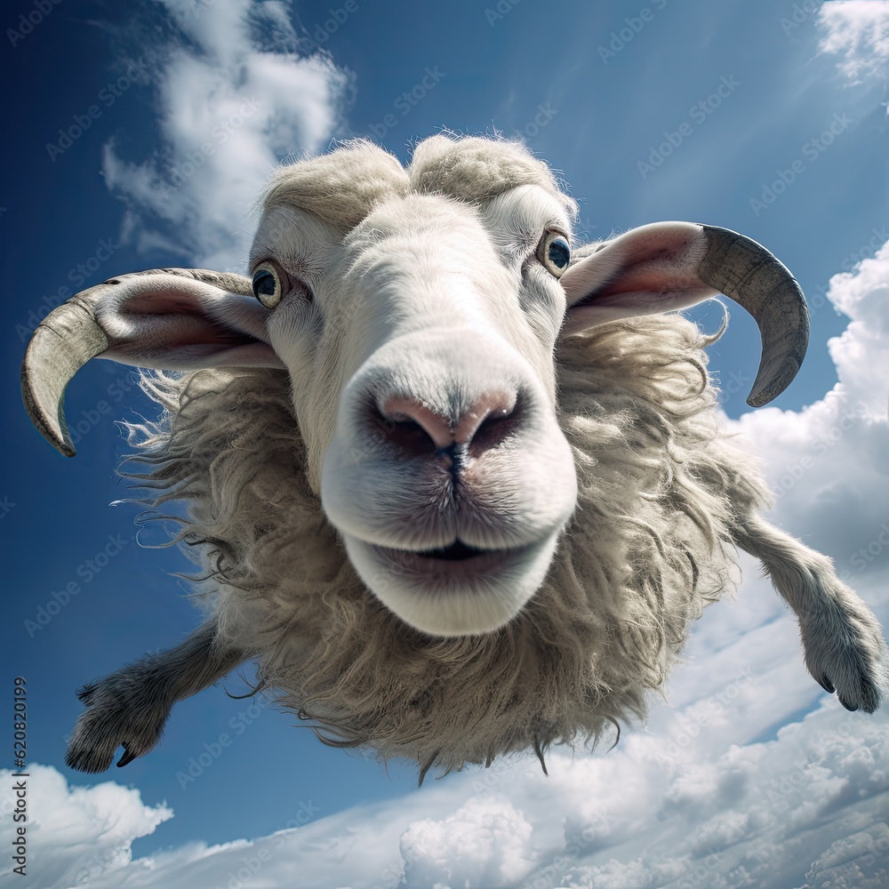 A Sheep, Flying sheep on blue sky background. Generative AI