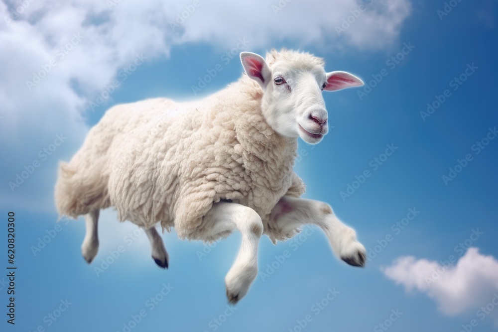 A Sheep, Flying sheep on blue sky background. Generative AI