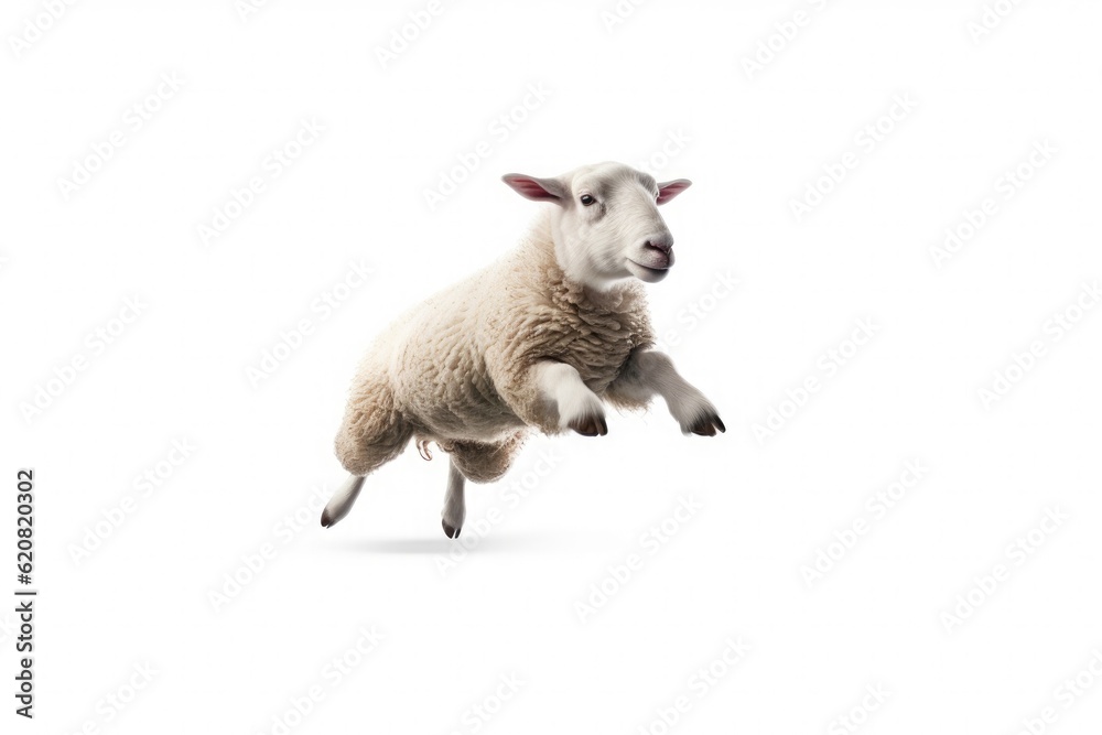 A Sheep, Happy sheep jumping isolated on white background. Generative AI