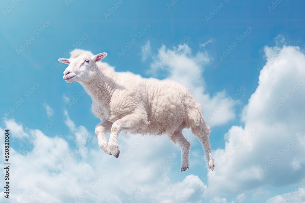 A Sheep, Flying sheep on blue sky background. Generative AI