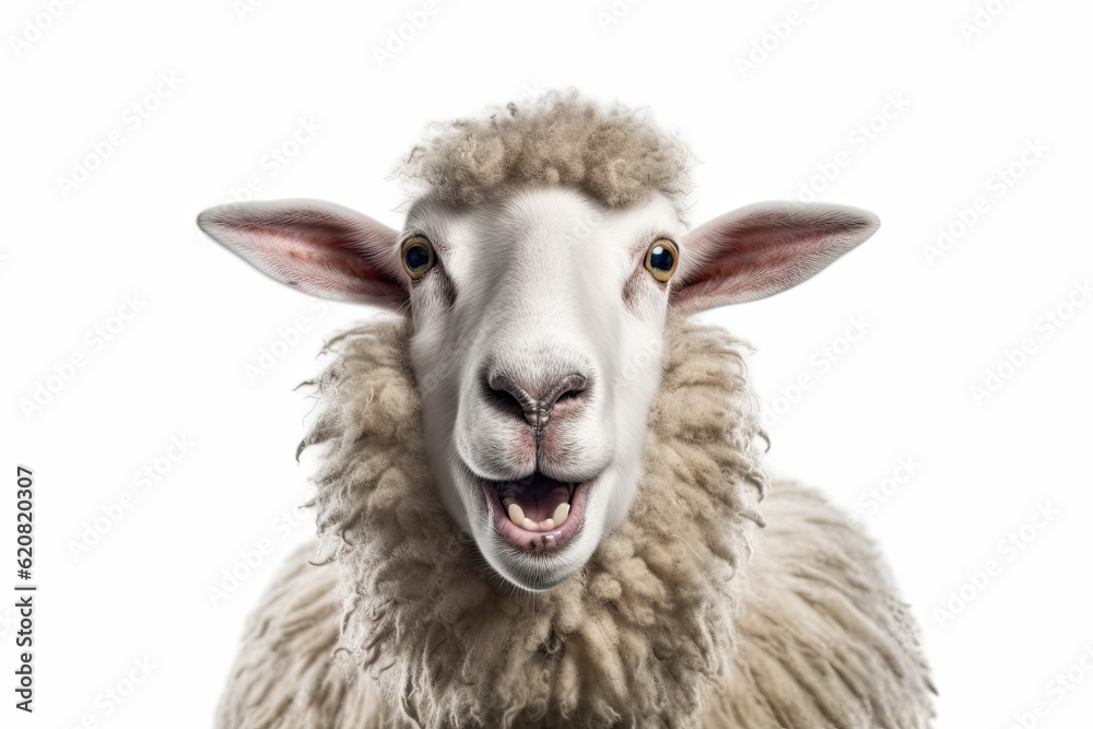 A Sheep, Funny sheep. Portrait of sheep showing tongue isolated on white background.Generative AI