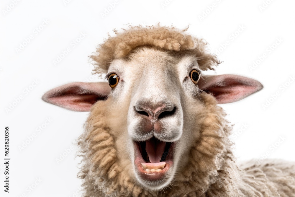 A Sheep, Funny sheep. Portrait of sheep showing tongue isolated on white background.Generative AI