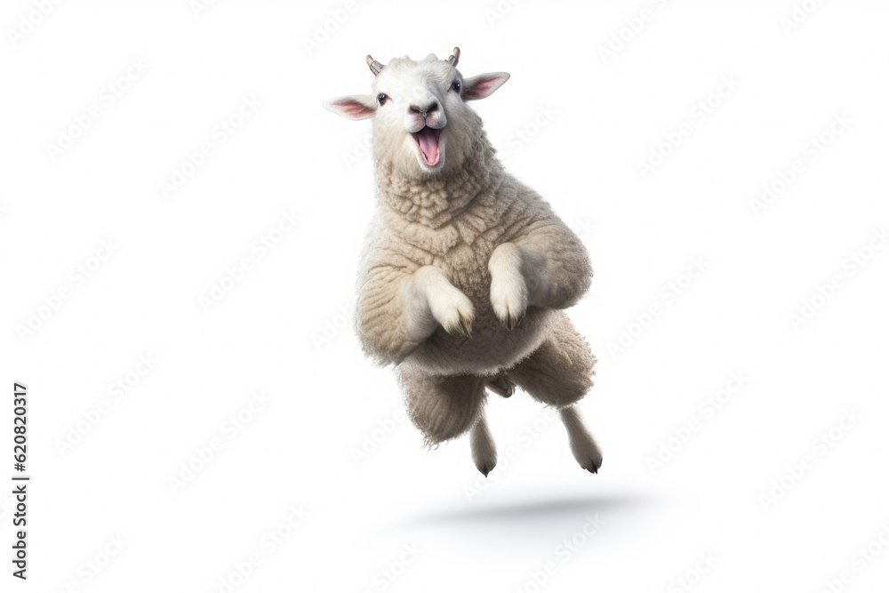 A Sheep, Happy sheep jumping isolated on white background. Generative AI