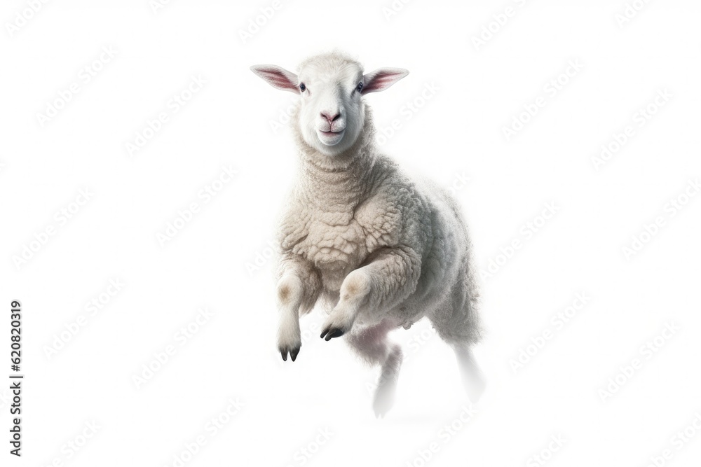 A Sheep, Happy sheep jumping isolated on white background. Generative AI