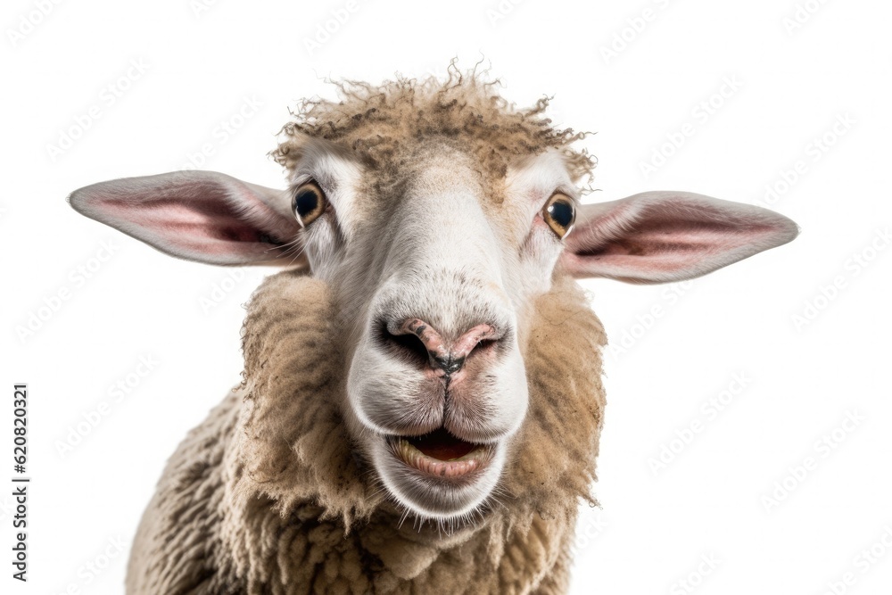 A Sheep, Funny sheep. Portrait of sheep showing tongue isolated on white background.Generative AI