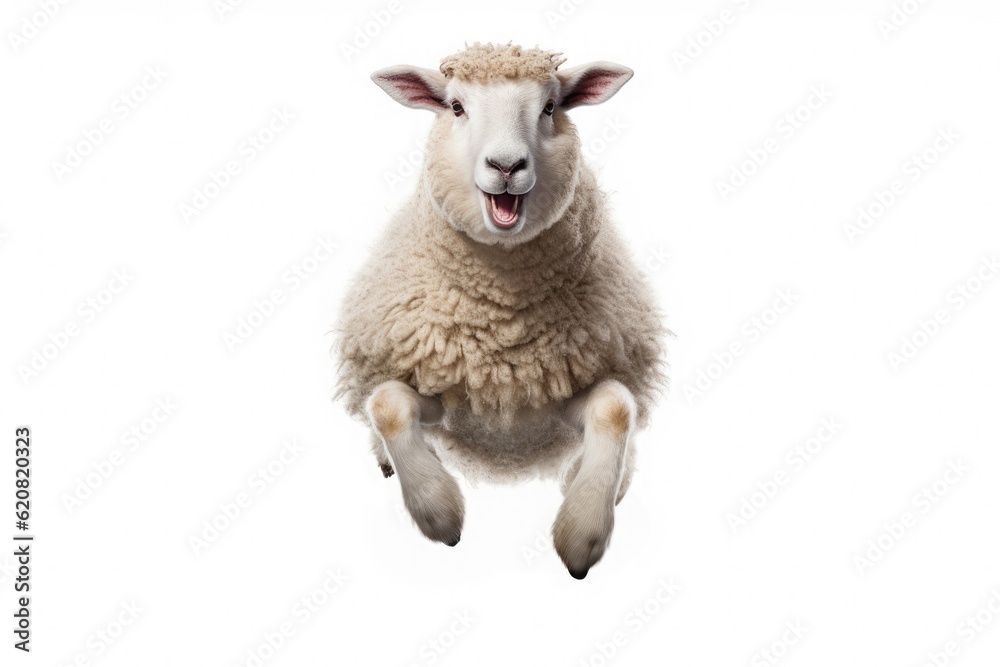 A Sheep, Happy sheep jumping isolated on white background. Generative AI