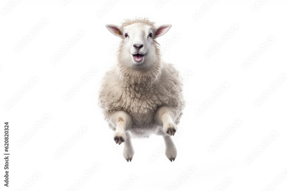 A Sheep, Happy sheep jumping isolated on white background. Generative AI