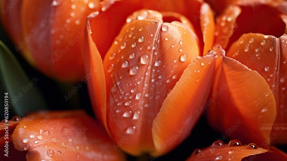 Orange Tulips flowers with water drops background. Closeup of blossom with glistening droplets. Gene