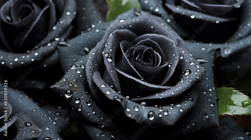 Black Roses flowers with water drops background. Closeup of blossom with glistening droplets. Genera