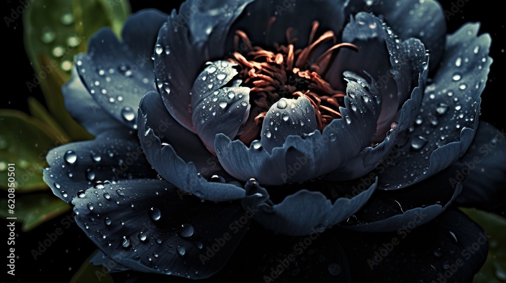 Black Peony flowers with water drops background. Closeup of blossom with glistening droplets. Genera