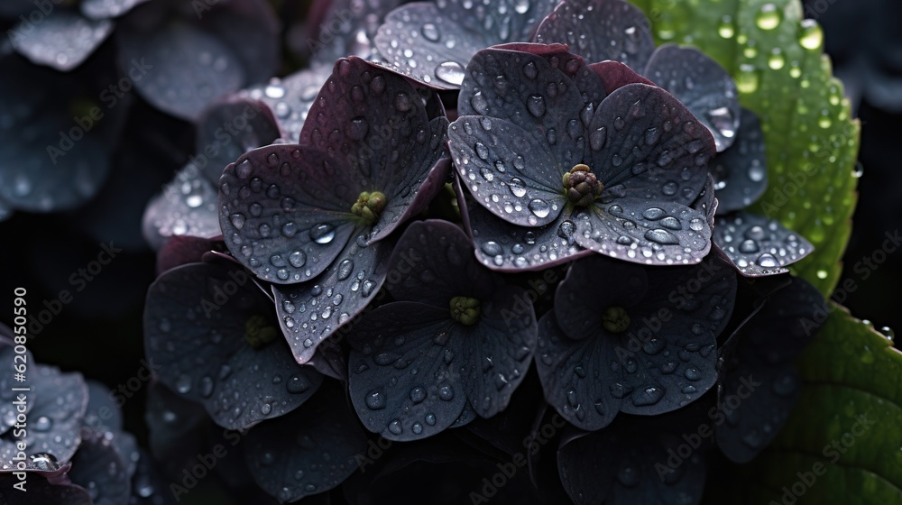 Black Hydrangeas flowers with water drops background. Closeup of blossom with glistening droplets. G