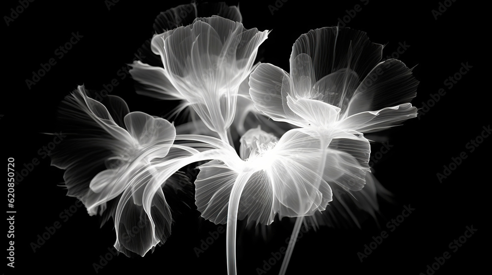 Monochrome x-ray image of a ethereal flower on black. Fantasy mystical blossom. Generative AI