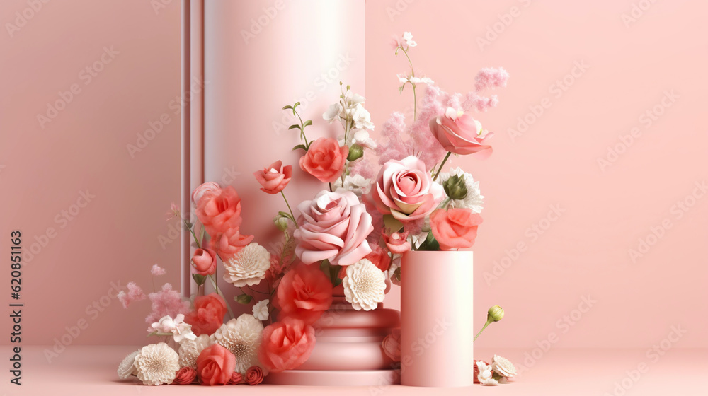 Podium with pink roses on pastel pink background to display products, gift or cosmetics. Generative 