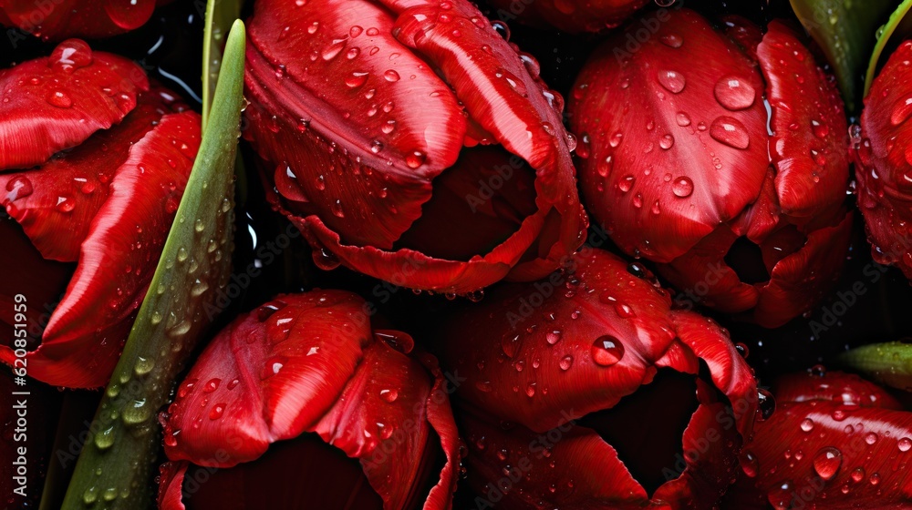 Red Tulips flowers with water drops background. Closeup of blossom with glistening droplets. Generat