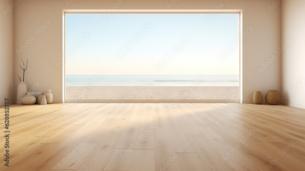 Empty apartment room with wooden floor of beach house. Sea view from windows. Copy space. Generative