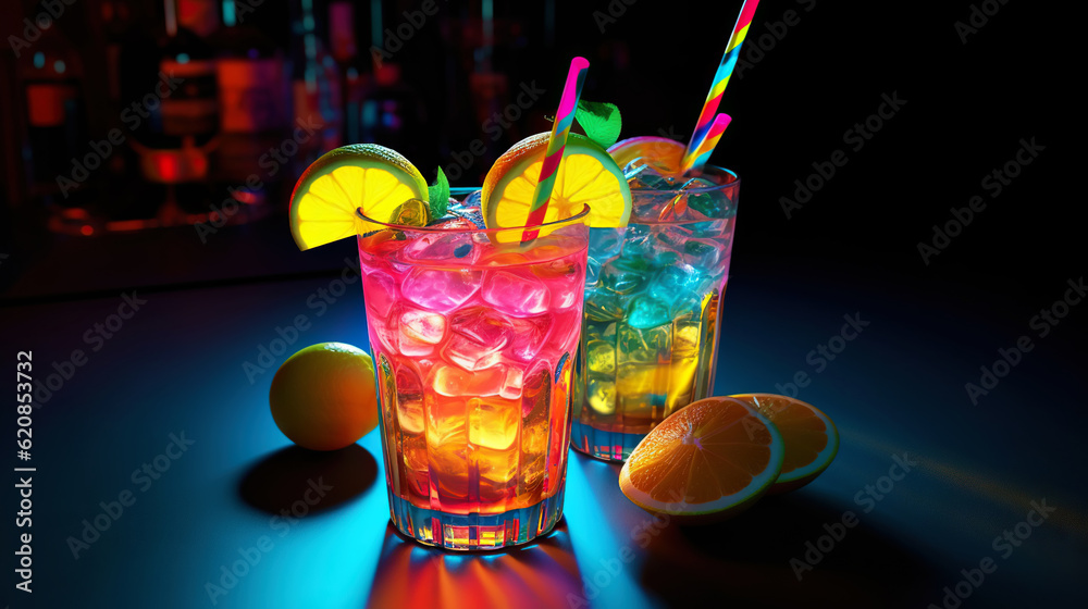 Glass of cocktail in hypnotic neon light. Colorful rave party drink. Generative AI