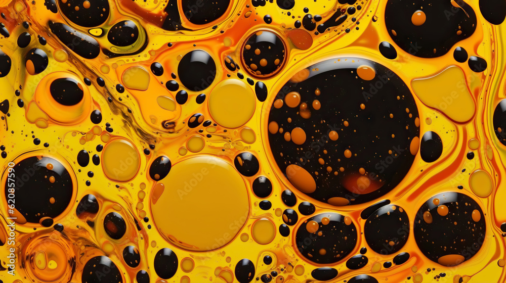 Abstract black paint drops mixed in orange oil background. Non-mixing fluids pattern. Generative AI