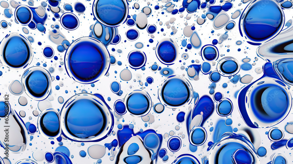 Abstract blue paint drops mixed in white oil background. Non-mixing fluids pattern. Generative AI