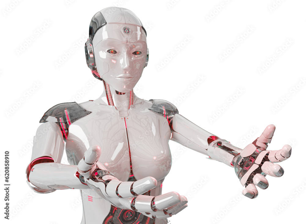 Isolated woman robot opening her two hands. Futuristic cyborg. 3D rendering white and red humanoid c