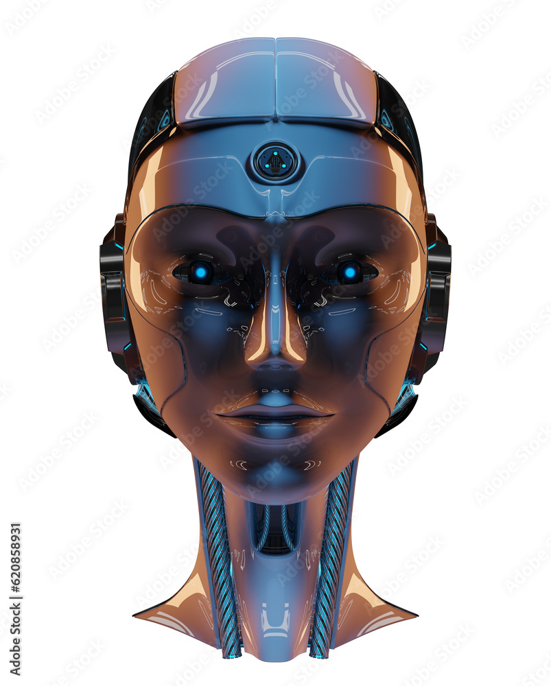 Isolated woman robot head with modern studio lights. 3d rendering of cyborg humanoid female face on 