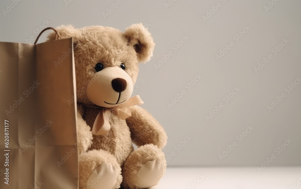 Teddy bear and shopping bag, blank shopping paper bag material, discount season material photo, chil