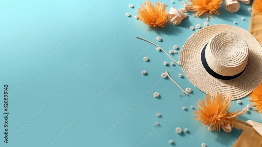 Beautiful summer straw hat and water drops, Blue summer fashion and accessories on blue copy space.