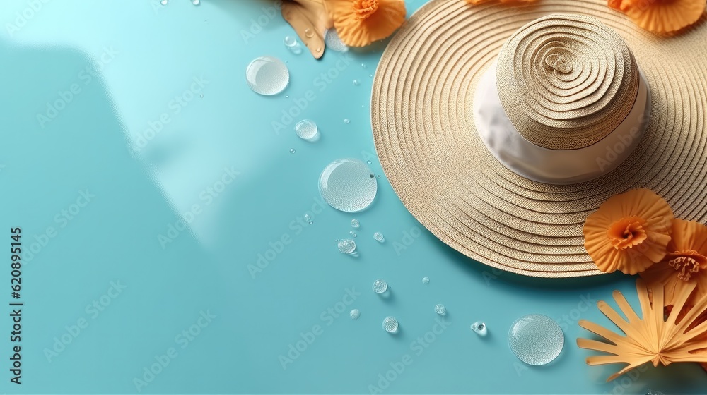 Beautiful summer straw hat and water drops, Blue summer fashion and accessories on blue copy space.