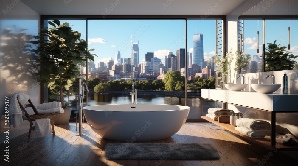 Apartment bathroom with white bathtub with city view behind panoramic window.